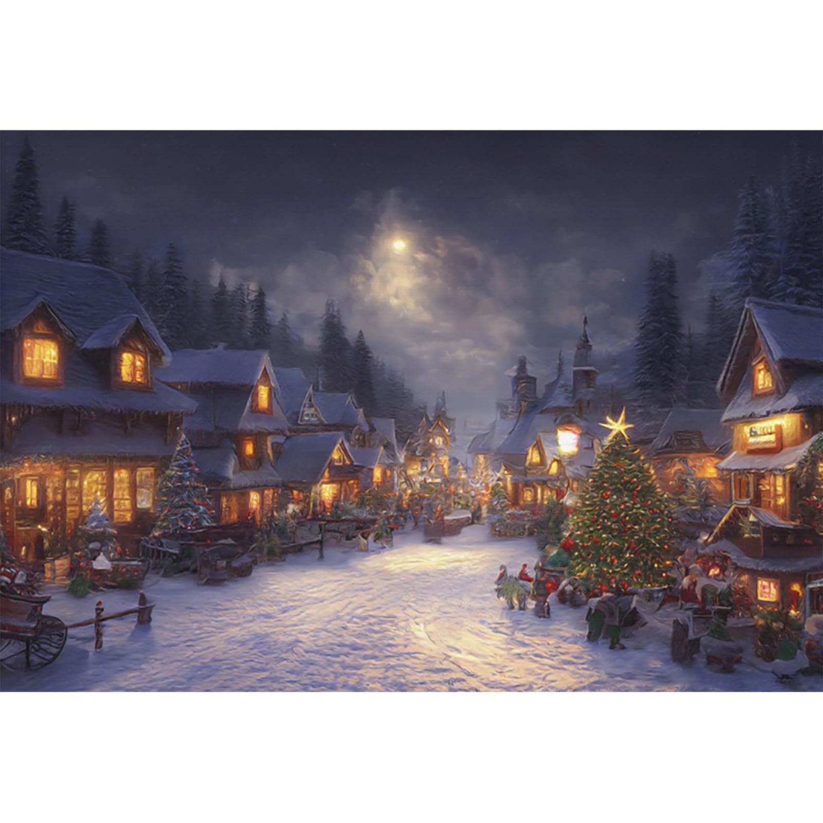 YongFoto 3x2m Christmas Backdrop Scene Fairy Winter Landscape Moon Village Snowfield Xmas Tree Colorful Photo Background for Xmas Eve Party Festival Home Poster Family Photography Supplies