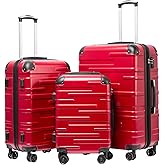 Coolife Hardside Luggage 3 Piece Set with TSA Lock, Spinner Wheels, Telescopic Handle, Lightweight Travel Suitcases (Red, 3 piece set)
