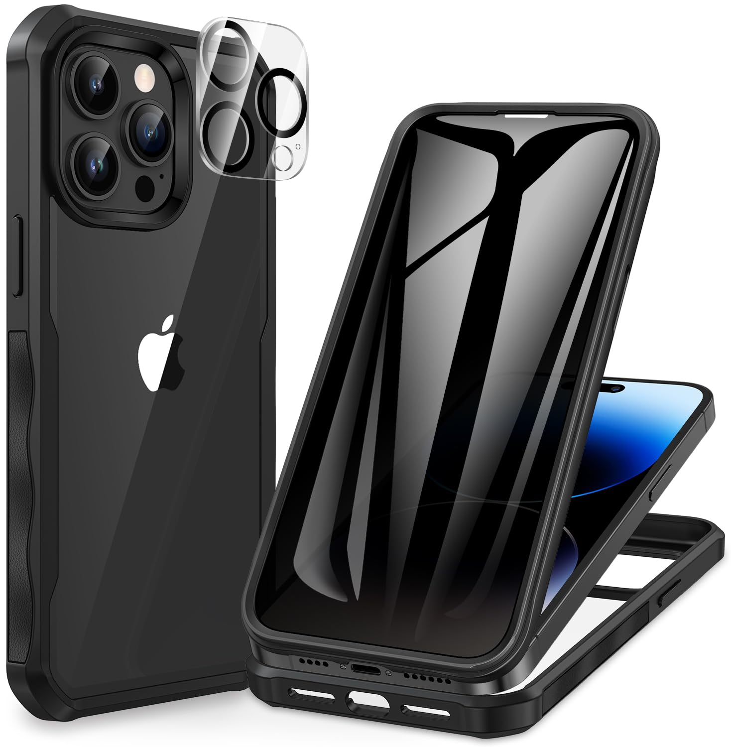 Photo 1 of CENHUFO Privacy for iPhone 14 Pro Case, Full Body Phone Case with Built-in 9H Tempered Glass Privacy Screen Protector and Camera Lens Protector, Anti Peep Spy Shockproof Bumper Clear Cover - Black