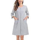 SWOMOG Women Zip Up Robe 3/4 Sleeve Housecoat Soft Cotton Zipper Front Nightgown Loungewear with Pockets