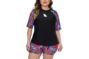 ALLTOKE Womens Plus Size Short Sleeve Rash Guard Sets Swim Shirts with Shorts Two Piece Swimsuit UPF50+