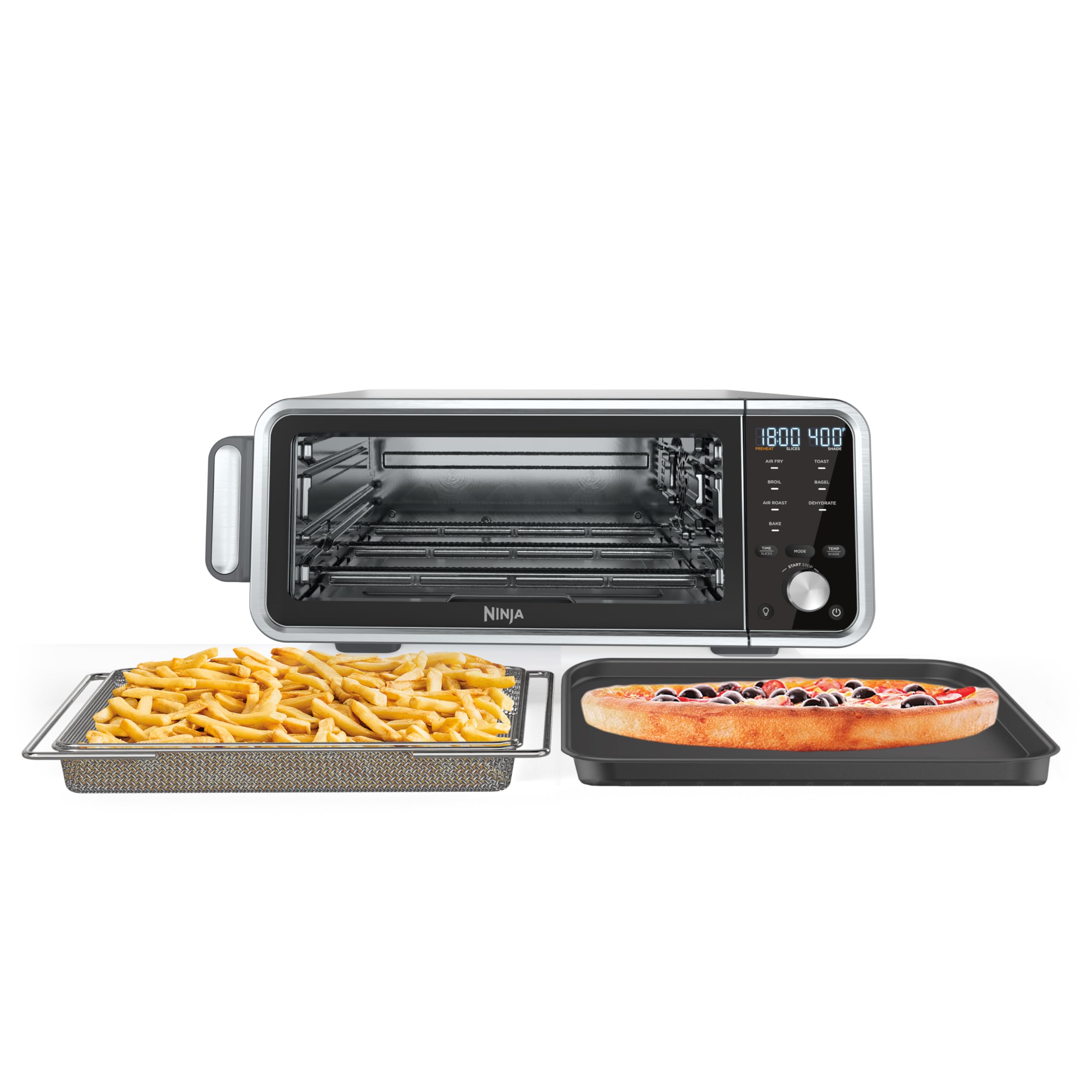 Horno 8 en 1 para encimera Ninja SP201 Digital Air Fry Pro con altura extendida, capacidad XL, capacidad abatible hacia arriba y hacia afuera para espacio de almacenamiento, con canasta para freír, rejilla de alambre y bandeja para migas, plateado