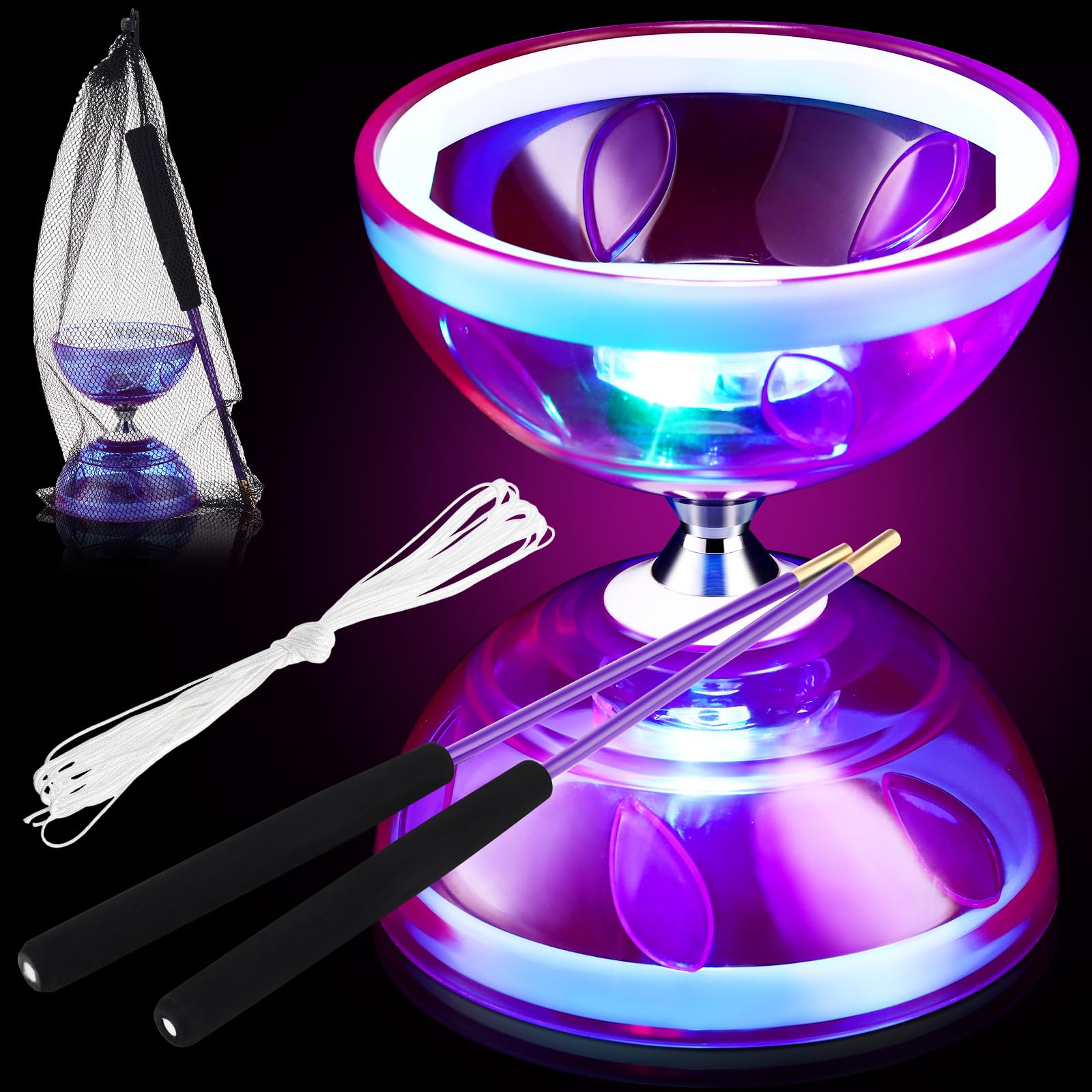 Photo 1 of Simgoing Chinese Yoyo Diabolo Set Includes Colorful LED Diabolo Toy Light up with 2 Pieces Sticks, 1 Piece String, 1 Net Bag for Fun(Purple)