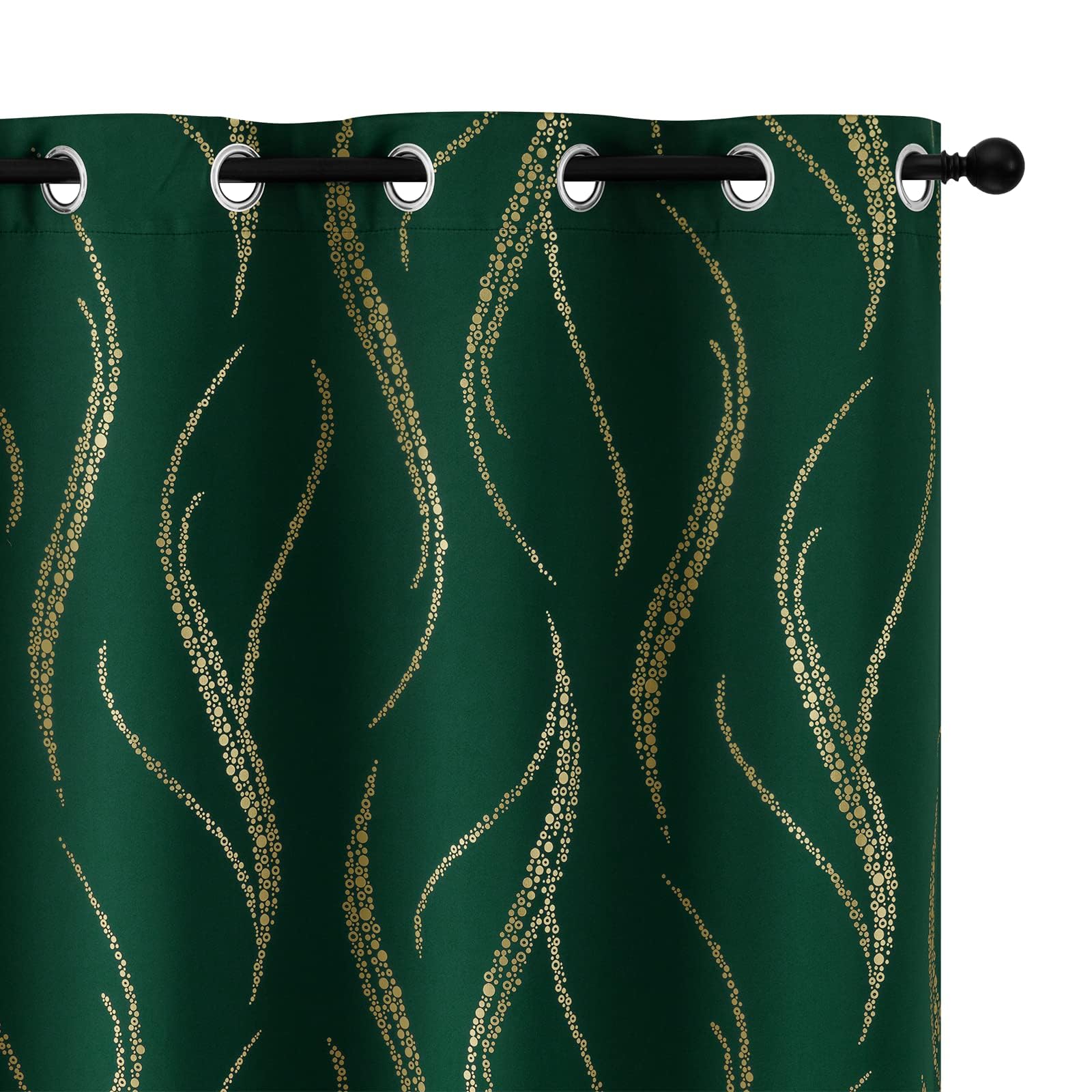 Yakamok Blackout Curtains 90 inch Length Living Room Thermal Insulated Gold Wave Line Dots Pattern Curtains Room Darkening Grommet Curtains for Bedroom, Emerald Green, W52 x L90-inch, 2 Panels Image