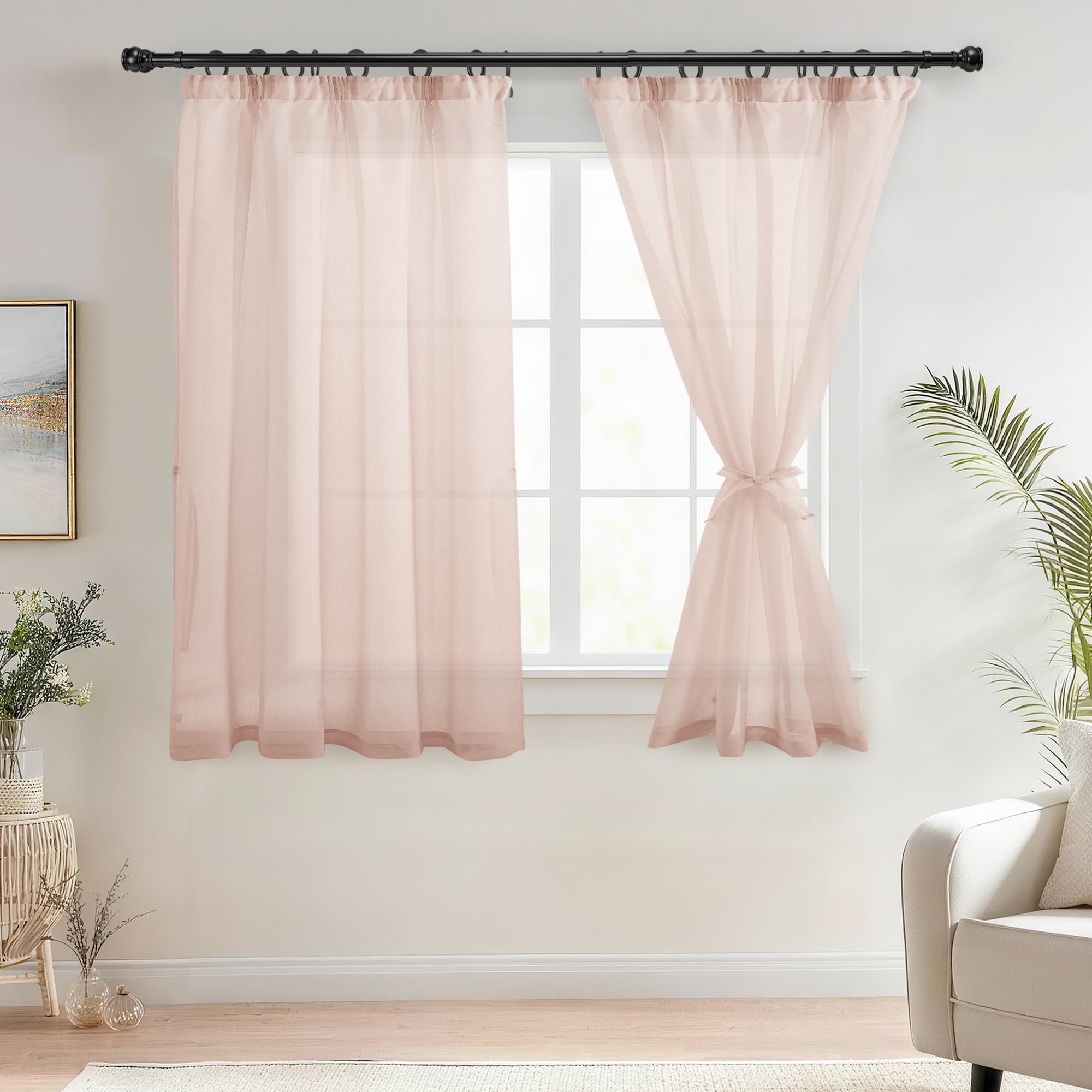 DWCN Pink Net Curtains for Windows Voile Curtains 54 Drop Pencil Pleat Curtain Slot Top Rod Pocket for 2 Panels, Pink, W46 x L54 Inch