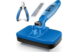 Ruff 'N Ruffus Self-Cleaning Slicker Brush With NO- Pain Bristles Upgraded Gel Handle Gently Removes Loose Undercoat & Tangled Hair For Cats & Dogs Reduces Shedding by 95% + Pet Nail Clipper & Comb