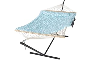 SUNCREAT Double Outdoor Hammock with Stand, Two Person Cotton Rope Hammock with Polyester Pad, Green