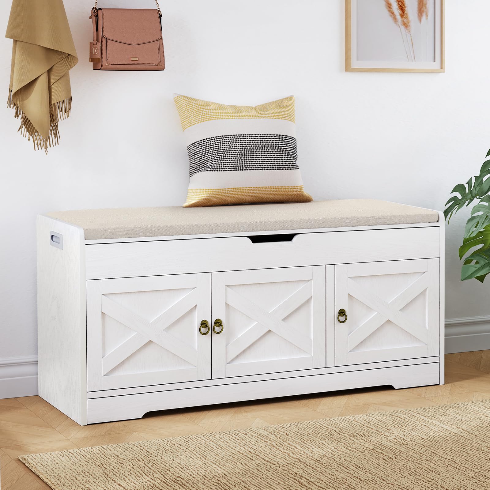 Photo 1 of ***LOOSE HARDWARE MAY BE MISSING PARTS***
Seetech Farmhouse Shoe Storage Bench, Entryway Bench with Cushion Seat, Lift Top Storage, Adjustable Shelf, 3 Doors, 330 lbs Capacity, Storage Bench for Entryway, Bedroom, Living Room (White)