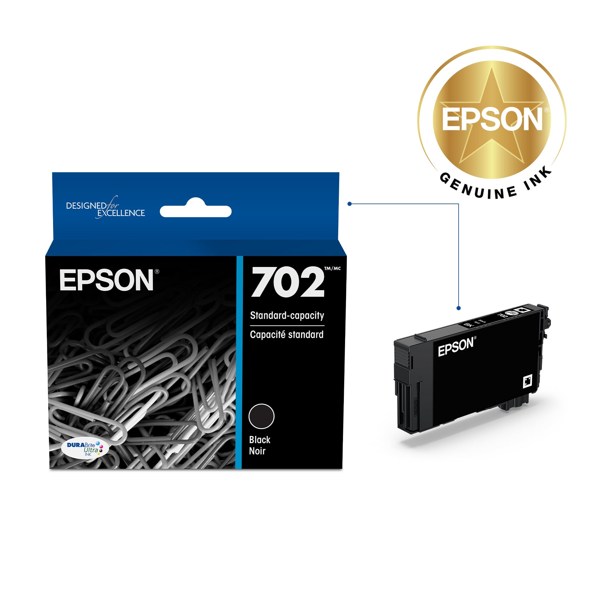 EPSON 702 DURABrite Ultra Ink Standard Capacity Black Cartridge (T702120-S) Works with WorkForce Pro WF-3720, WF-3730, WF-3733