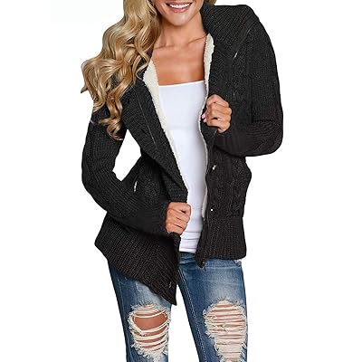Aleumdr Womens Hooded Cardigans Casual Long Sleeve Button Up Cable Knit Sweater Coat Outwear with Pockets S-XXL