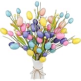 Lotus Hills Easter Decorations, 6 Pcs Easter Picks with Colorful Eggs and Berries, Cute Eggs Blossom Branches for Spring Home School Decor, Artificial Flower Arrangement, Table Centerpieces