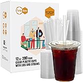 Turbo Bee 200 Sets 12 OZ Clear Plastic Cups with Lids and Straws, Disposable To Go Iced coffee cups with lids for Cold Drinks, Smoothie, and Slushie
