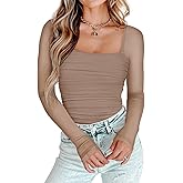 PINKMSTYLE Womens Square Neck Mesh Long Sleeve Bodysuit Shapewear Corset Tops Sexy Concert Outfits Party Shirts