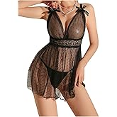MakeMeChic Women's 2 Piece Polka Dots Lingerie Set Mesh Sheer V Neck Babydoll Nightgowns with G String