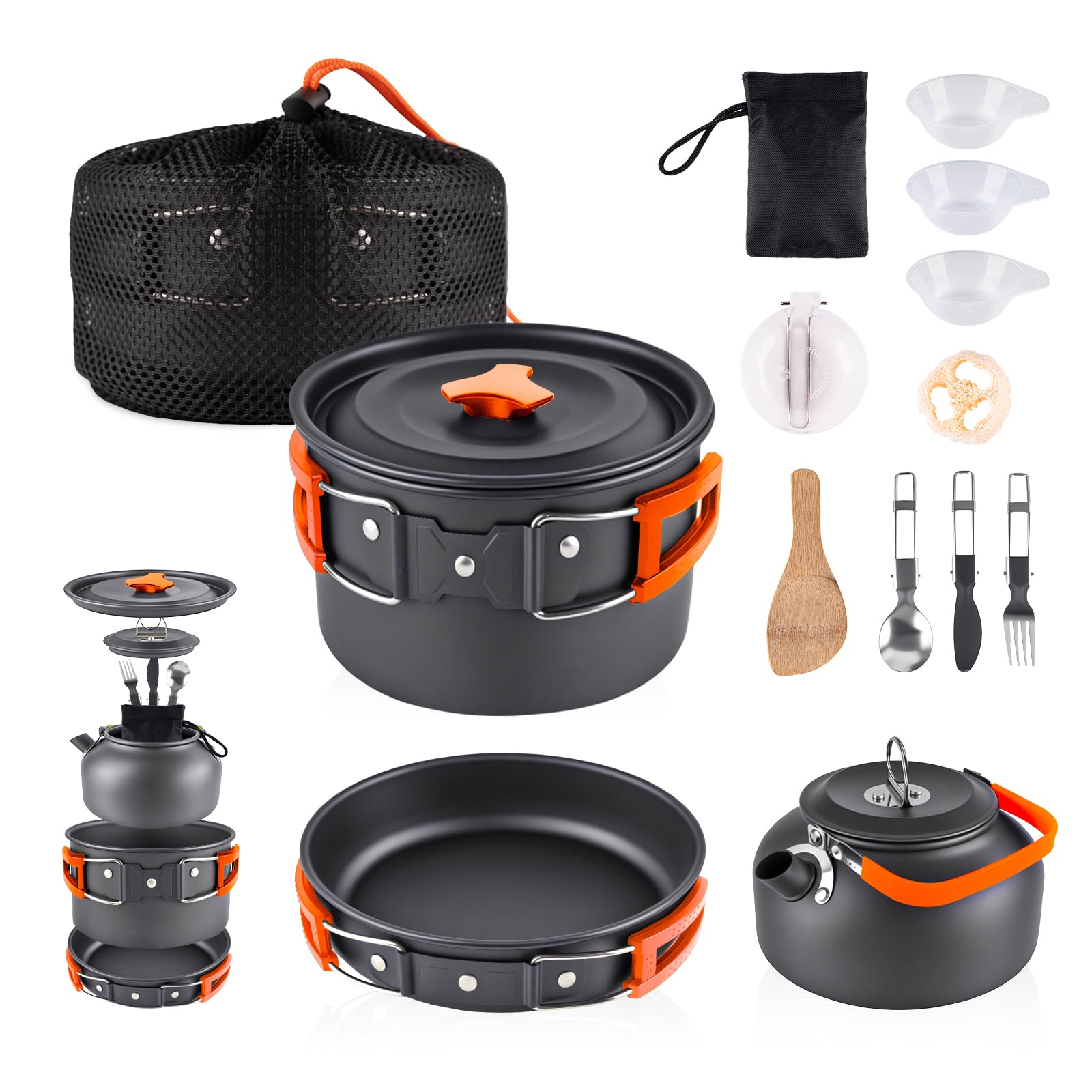 aiGear Camping Cooking Set | Portable Lightweight Aluminum | Camping Pans and Pots Set | Outdoor Traveling Cooking Utensils Kit | for Trekking Hiking Picnic (CC5339OR)