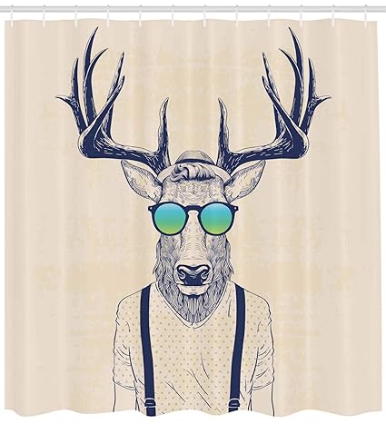 Abakuhaus Duschvorhang, Illustration von Hirsch REH im Hippie Hipster Look Vintage mit Sonnenbrille in Creme Farbton, Blickdi