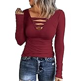 HERILIOS Women Casual Long Sleeve Tunic Tops V-Neck T Shirts Criss Cross Ribbed Casual Tee Slim Fitted Fall Blouse