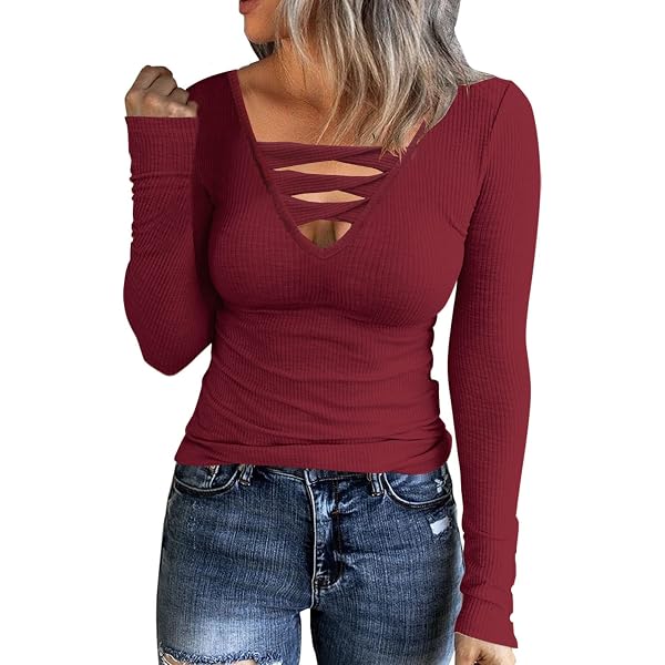 KINLONSAIR Women's Ribbed Knit Tunic Top - Long Sleeve V-Neck Slim Fit Basic Tee - View #8