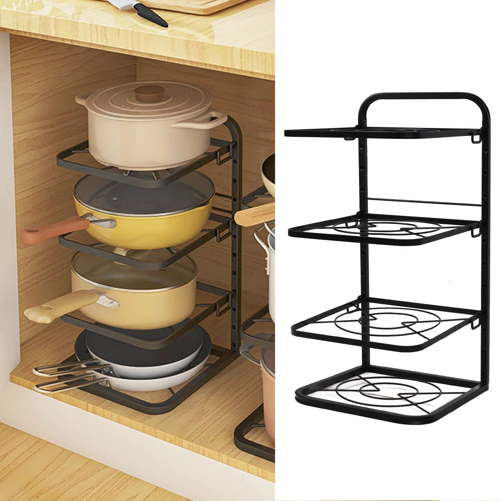 Mrisata 4 Tier Pan Rack Carbon Steel Pan Pot Organiser Rack Multi-Functional Saucepan Stand Pan Lid Holder Racks Kitchen Storage Rack Home Kitchen Round Pan Pot Storage Shelf for Home Kit