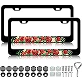 Red Rose Flower License Plate Frames - 2 Pack Beautiful Floral License Plate Holder, Aluminum Metal Rust-Proof Waterproof Car Decorative Tag Frame for Standard US Canada 12x6 Inch