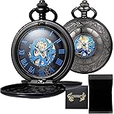 DerMacht Skeleton Pocket Watches Mechanical Roman Numerals Dial with Box and Chains for Mens Women