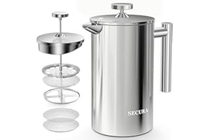 Secura French Press Coffee Maker, 304 Grade Stainless Steel Insulated Coffee Press with 2 Extra Screens, 34oz (1 Litre), Silver