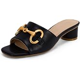 Coutgo Womens Heeled Slides Sandals Square Open Toe Slip on Comfortable Kitten Block Low Heel Metal Chain Dressy Shoes