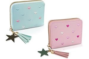 WisePoint Womens Wallet with Zipper, PU Leather Women's Wallet with Card Slots, Credit Card Holder Small Wallet with Heart-embroidery Cute Wallet with Star Tassels Pendant (blue+pink)