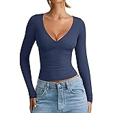 REORIA Womens 2026 Winter Fall Fashion Deep V Neck Long Sleeve Shirts Double Lined Casual Slim Fitted Going Out Tops
