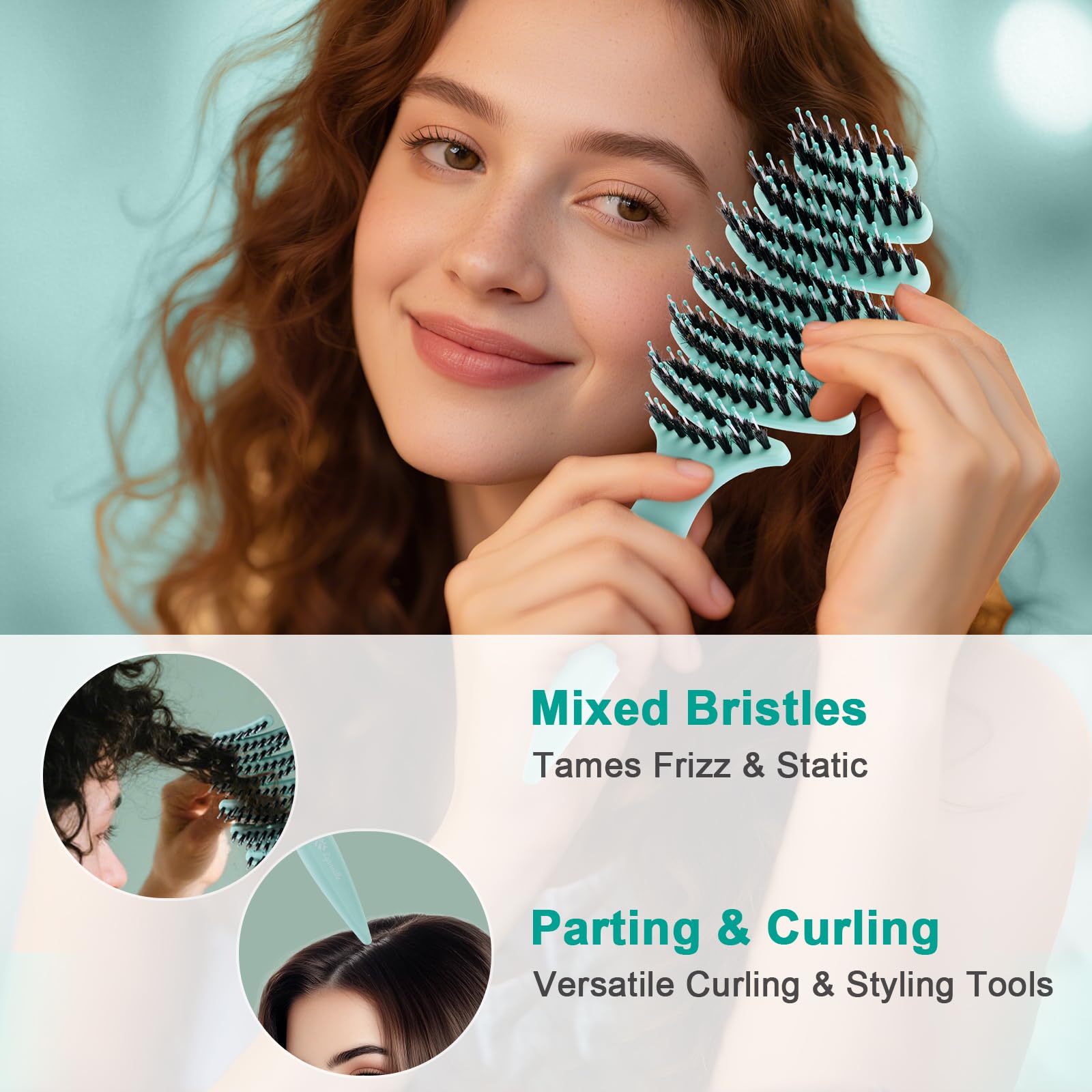 Lynnieëlle Enhanced Hair Brush - Tailored for Every Hair Type! Detangling with Durable Boar Bristles, Vented & Curved Paddle for Scalp Massage, Aqua