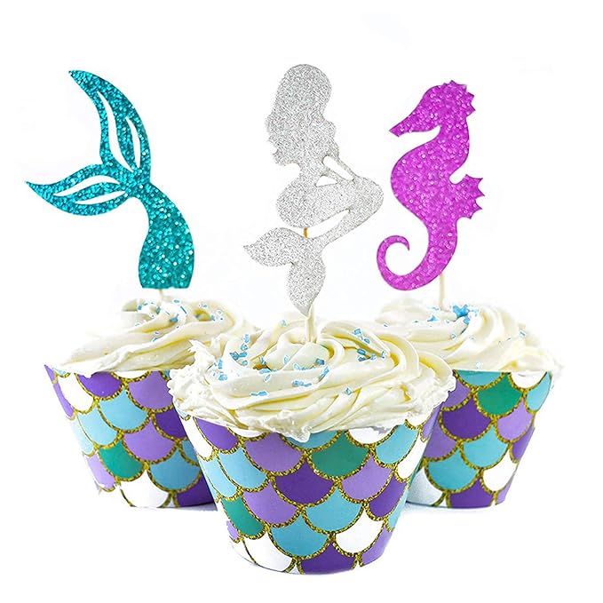 Herefun 60 Stücke Meerjungfrau Mini Kuchendekoration Cupcake Toppers und Wrappers Verpackung, Handmade für Kinder Party Kuche