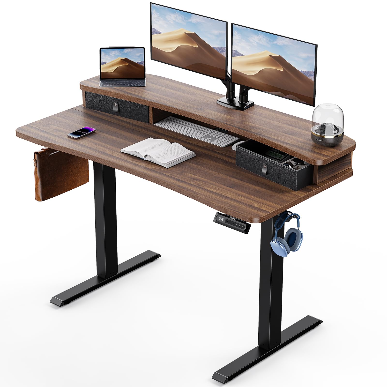 HUANUO 48″ x 24″ Electric Standing Desk with 2 Drawers, C-Clamp Mount Compatible, Height Adjustable Computer Desk, Home Office Stand Up Desk with 4 Preset Heights & 2 Hooks, Walnut Image