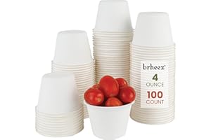 brheez 4 oz - Pack of 100 Disposable Bagasse Fiber Souffle Cups , 100% Natural Biodegradable & Compostable , Perfect for Condiments Small Portion & Samples Eco Friendly Paper Alternative - White