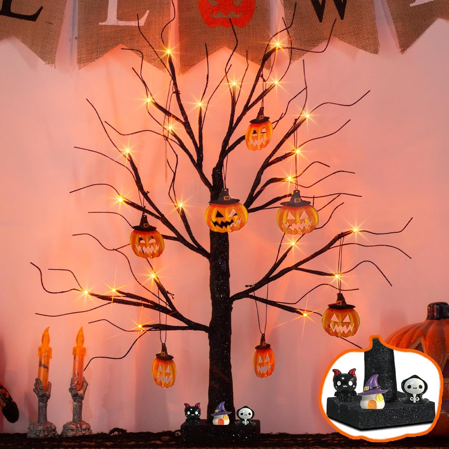Trees - EAMBRITE Halloween Tree, 2FT Black Spooky Tree with 24 LED Orange Lights and 8 Pumpkins, Battery Operated Small Tabletop Black Tree with Timer for Halloween Decorations Christmas Room Home Fireplace
