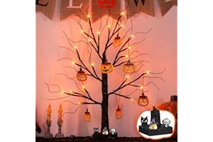 EAMBRITE Halloween Tree, 2FT Black Spooky Tree with 24 LED Orange Lights 8 Pumpkin, Battery Operated Small Tabletop Black Tree with Timer for Indoor Centerpiece Decorations Christmas Home Fireplace