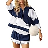 Women’s Striped 2 Piece Workout Set Casual Oversized Half Zip Top and Shorts Sets Retro Rugby Outfits with Pokcets