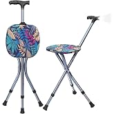 Folding Cane with Seat,Adjustable Walking Stick for Seniors,Lightweight Walking Cane with LED Light,Height Adjustment Cane Seat,Portable Cane Chair,Sturdy Crutches Stool,Supports up to 250 lbs