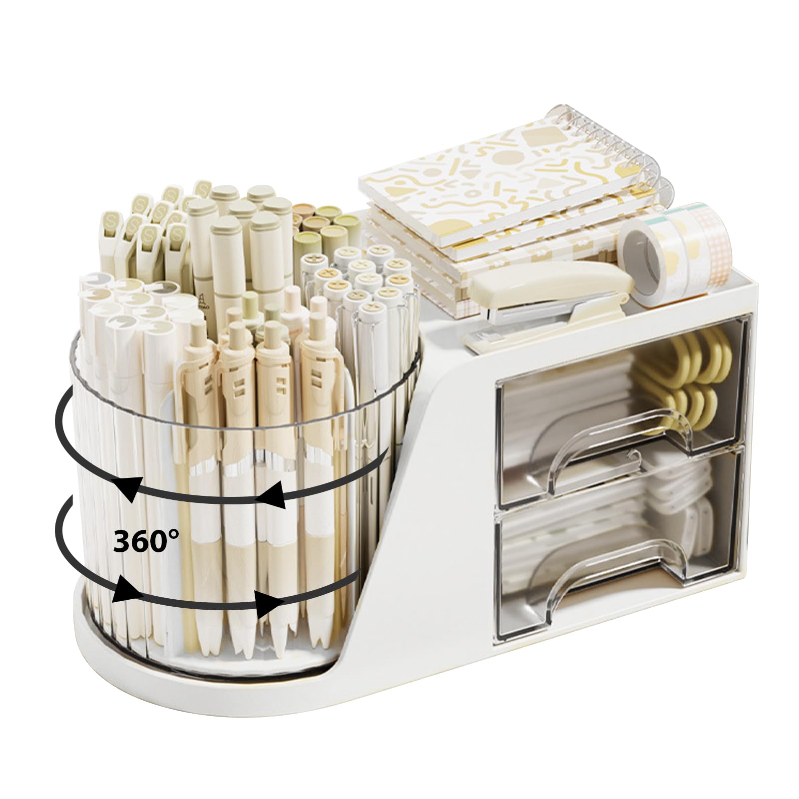 Marte Vanci Desk Organiser with Drawers, Tidy Caddy with Rotating Pen Holder, Desktop Stationery Storage Makeup Holder Plastic Multifunctional Desk Accessories for Office Home White