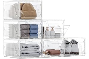 Yashong 6 Pack Upgraded XX-Large Closet Organizers and Storage with Magnetic Door, New structure is more stable, Thicken & Sturdy Clear Stackable Interconnectable Shoe Box for Entryway, Under Bed