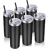 VEGOND Stainless Steel Tumblers Bulk 6 Pack, 20 oz Vacuum Insulated Skinny Tumblers with Lid and Straw, Double Wall Coffee Mug, Travel Water Cup, Black