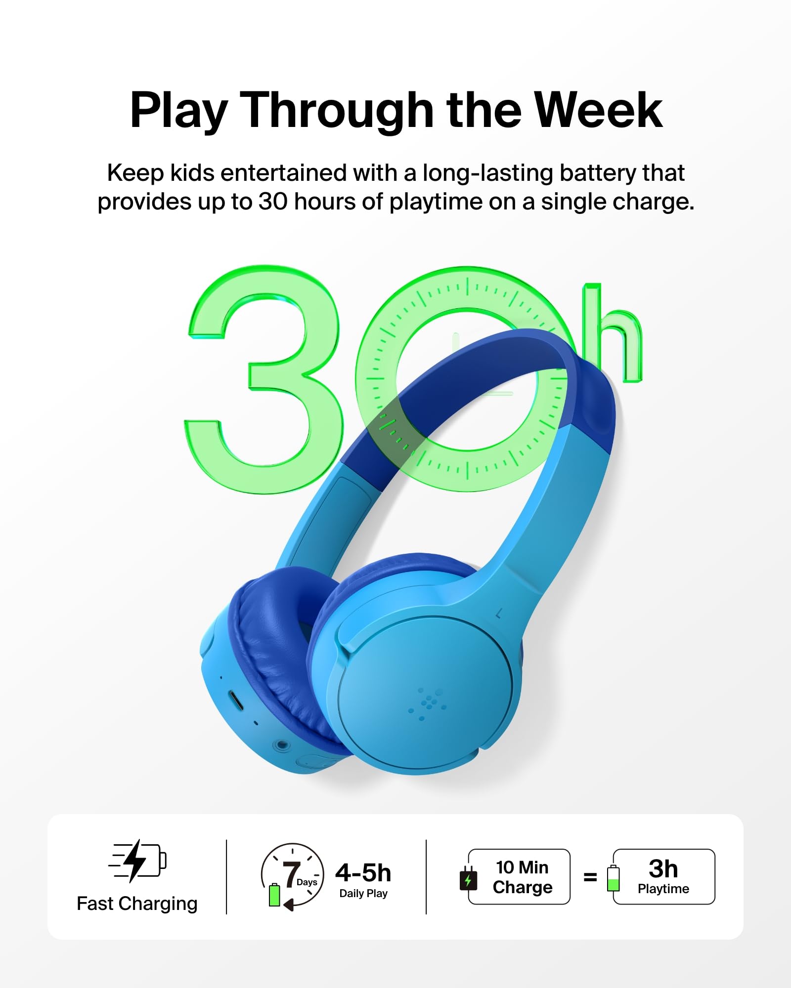 Belkin SoundForm Mini - Wireless Bluetooth Kids Headphones, 30H Battery, 85dB Safe Volume Limit, Built-in Microphone - Toddler On-Ear Earphones for iPhone, iPad, Fire Tablet, Ideal for School - Blue