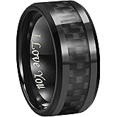 CROWNAL 6mm 8mm 10mm Black Carbon Fiber Black Tungsten Carbide Wedding Band Ring Engraved I Love You Men Women Size 4 to 16
