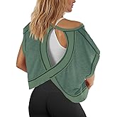 Panadila Womens Open Back Workout Top Oversized Workout T Shirts Backless Athletic Shirt Short Sleeve Baby Tee