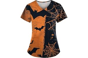 MKLUNJOP Plus Size Women's Halloween Pumpkin-Headed Bat Printed Scrub Tops V-Neck Fun T Shirts Nurse Uniform Tee with Pockets