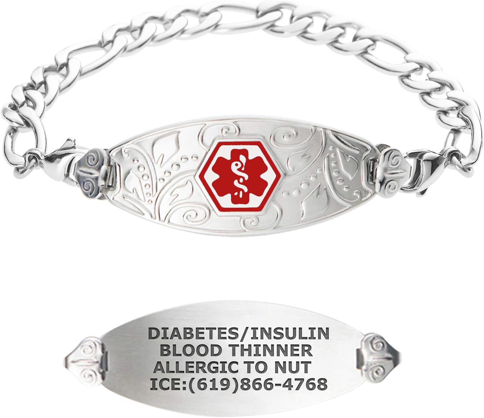 Custom Engraved Medical Alert Bracelets for Women, Stainless Steel Medical Bracelet, Medical ID Bracelet w/Free Engraving – Lovely Filigree Tag w/Figaro – Color/Size