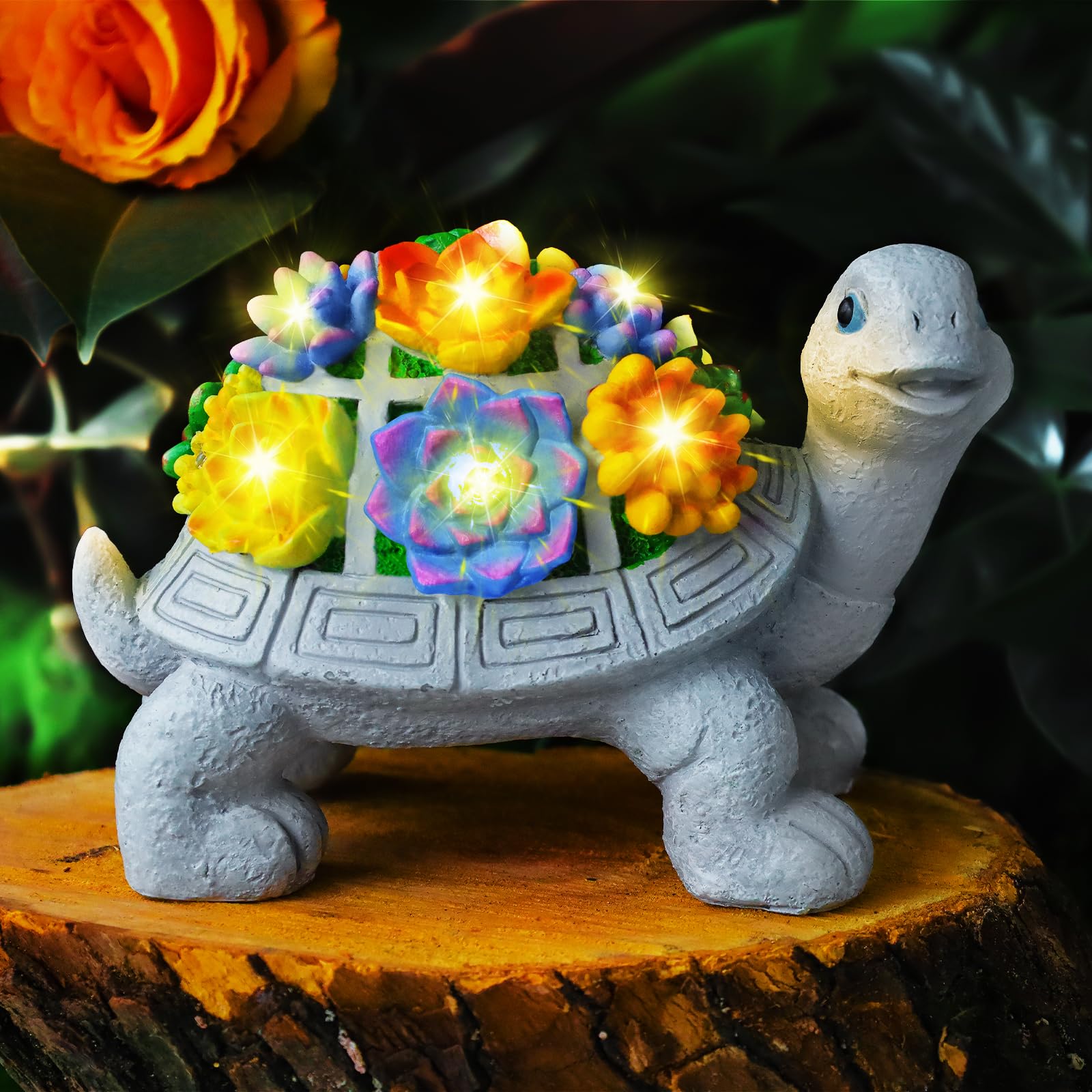 RICHIE Solar Turtle Statue Garden Ornaments,Outdoor Decoration with 7 LED Solar Lights and Succulent for Patio,Garden Tortoise Figurine Decor,Good Luck and Lawn-Unique Housewarming Gifts for Women,Men