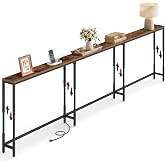 VASAGLE 106.3"Console Table, 25.2-35.2"Height Adjustable, with Power Outlet | Narrow Behind Couch Table, Sofa Table Easy Assembly, Rustic Brown and Matte Black, BARNET Collection ULNT189K101