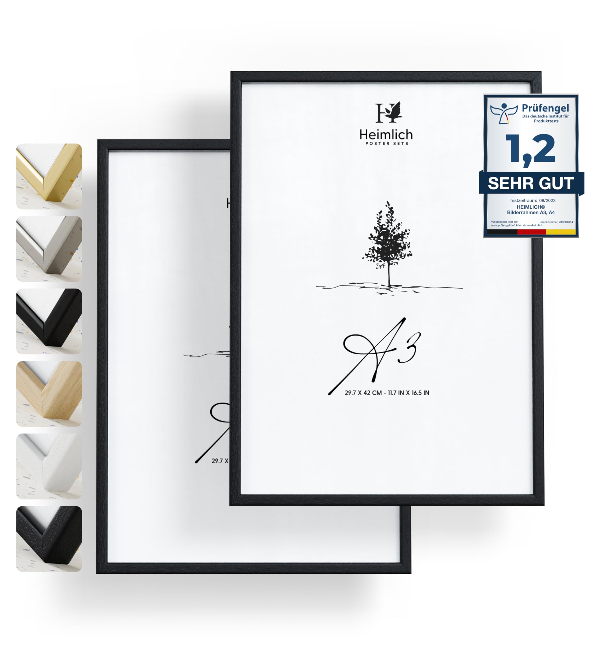 Heimlich double pack (2 pcs.) Picture Frames Wood - with Shatterproof Acryl Glass - DIN A3 (29,7x42cm), Black