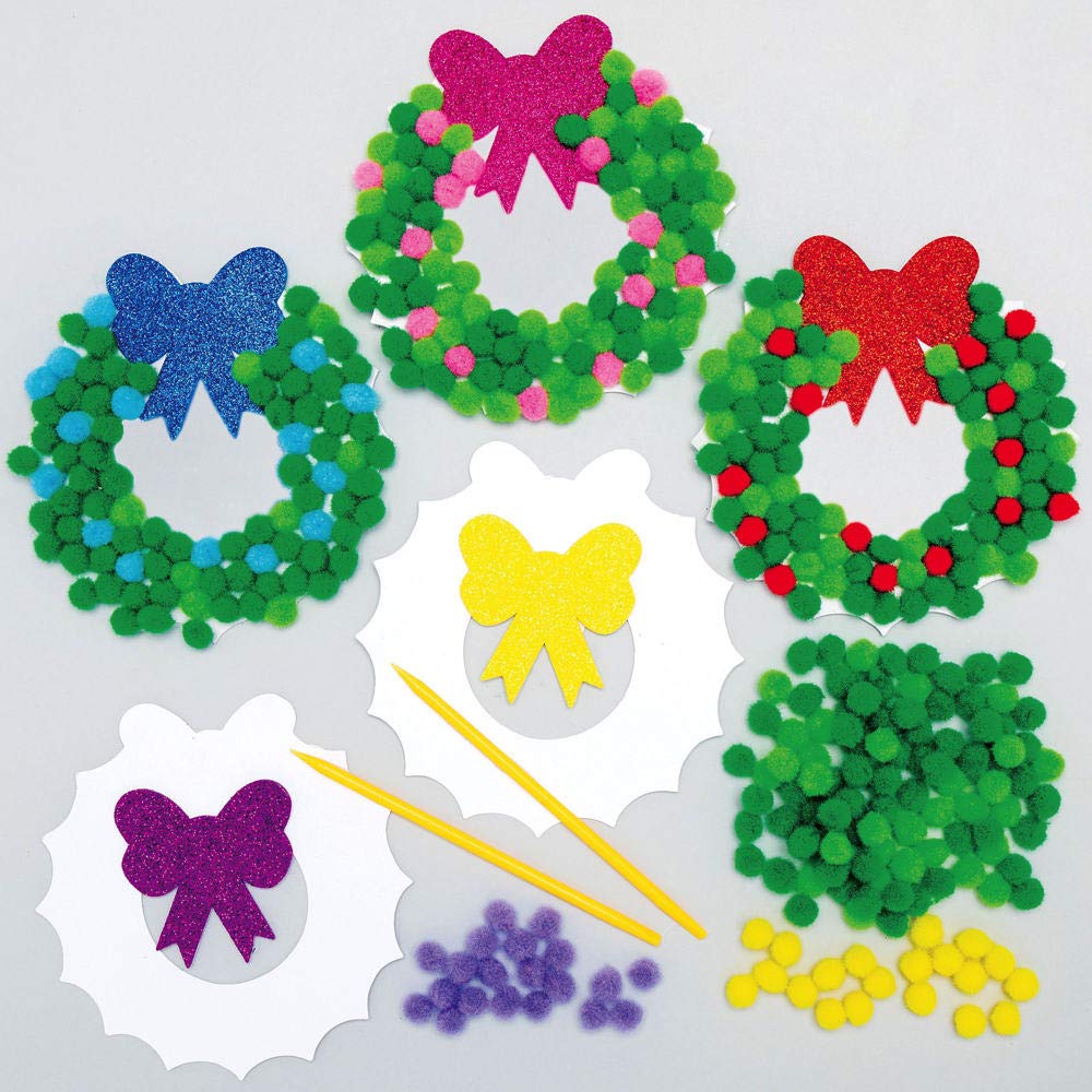 Baker Ross AX502 Christmas Wreath Pom Pom - Pack of 5, Pom Pom Christmas Wreath Kit, Wreaths to Decorate for Children, Ideal for Christmas Crafts for Kids