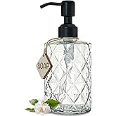 JASAI Diamond Design 12 Oz Glass Soap Dispenser with Black Pump, Small Hand soap Dispenser with Rust Proof Pump, Bathroom Soap Dispenser for Hand Soap, Soap, Lotion(Black).